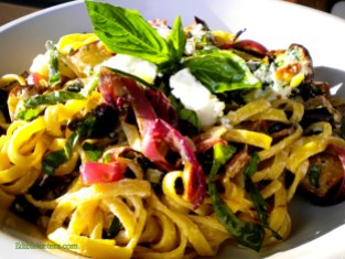 Pasta with Roast Eggplant, Red Onion, Pine Nuts, Basil & Goat Cheese