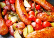 Oven Roasted sausages with Potatoes, Tomatoes & Rosemary