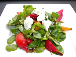 Roasted Beet Salad with Goat Cheese & Fava Beans