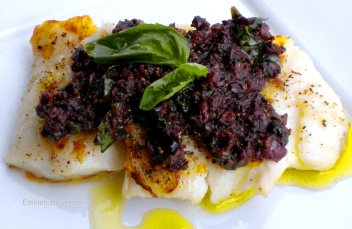 Pan-Roasted Halibut with a Fig & Olive Tapenade.