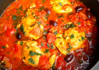 Chicken Braised in White Wine with Tomatoes, Olives & Capers