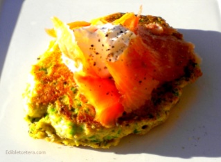 Minted Green Pea Hotcakes with Smoked Salmon