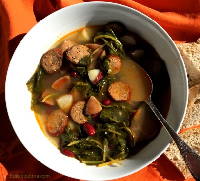 A Winter Soup with Andouille Sausage, Kale, Potatoes & Beans